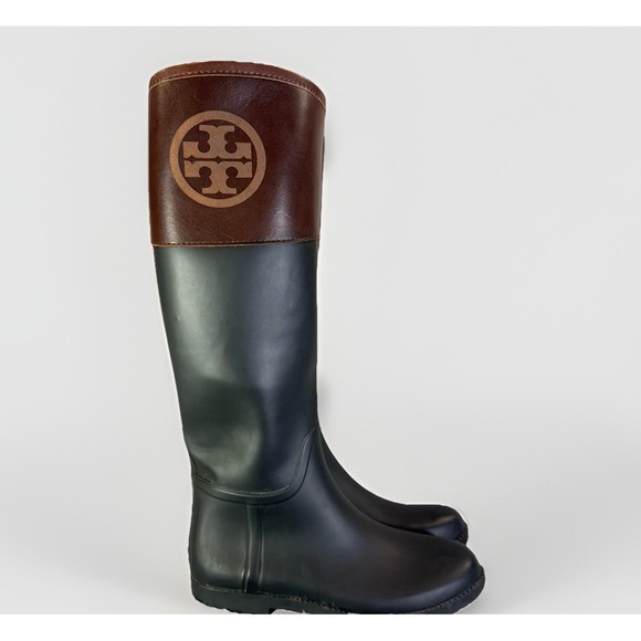Tory Burch Womens Riding Rain Boots Size 7 Black Brown Logo Classic Rubber Tall - Picture 6 of 9